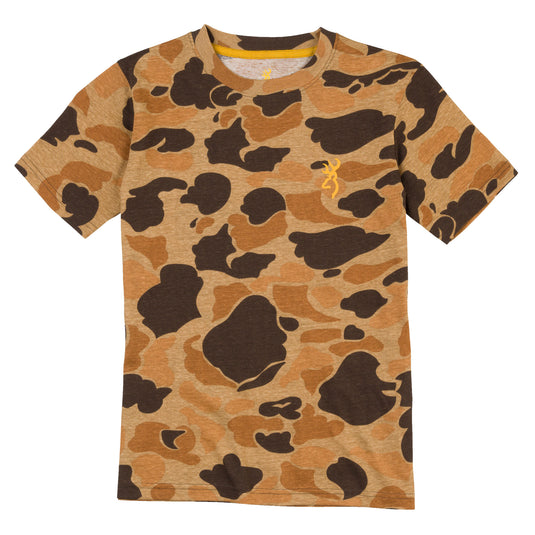 Browning Wasatch Youth Short Sleeve Shirt in the Vintage camo pattern.  A small yellow browning logo is on the left chest.