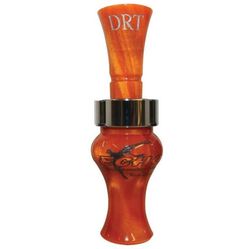 Load image into Gallery viewer, Echo DRT Double Reed Timber Duck Call in the color Orange Pearl with the DRT Echo logo etched into the call.
