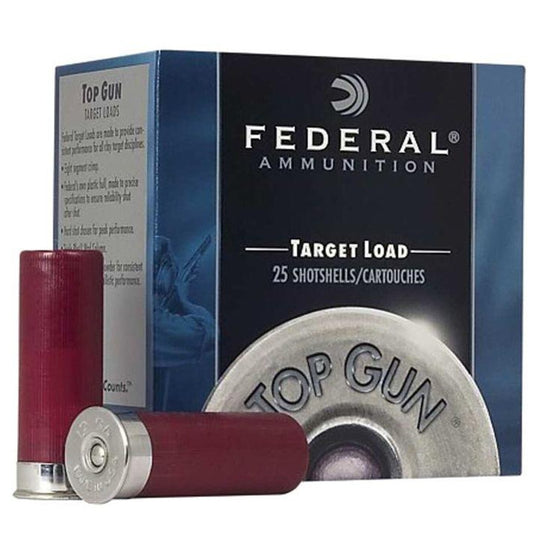 Box of Federal Ammunition Target Load with two shells outside the box. One is upright and the other is on its side.