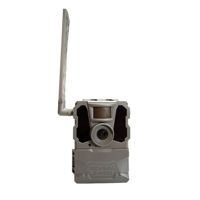 Tactacam REVEAL X-PRO Trail Camera facing forward with the REVEAL X-PRO logo on the bottom front. 