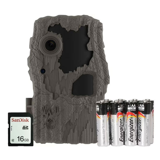 Wild Game Innovations Spark 2.0 18MP Trail Camera Combo with 16 GB SD card and 8 AA batteries included.