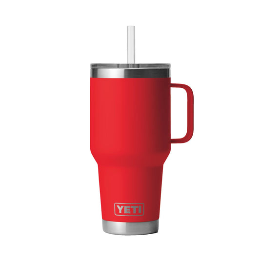 The image shows the YETI Rambler 35 OZ Straw Mug, a sleek stainless steel mug with a straw lid.