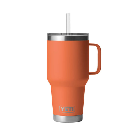 The image shows the YETI Rambler 35 OZ Straw Mug, a sleek stainless steel mug with a straw lid.