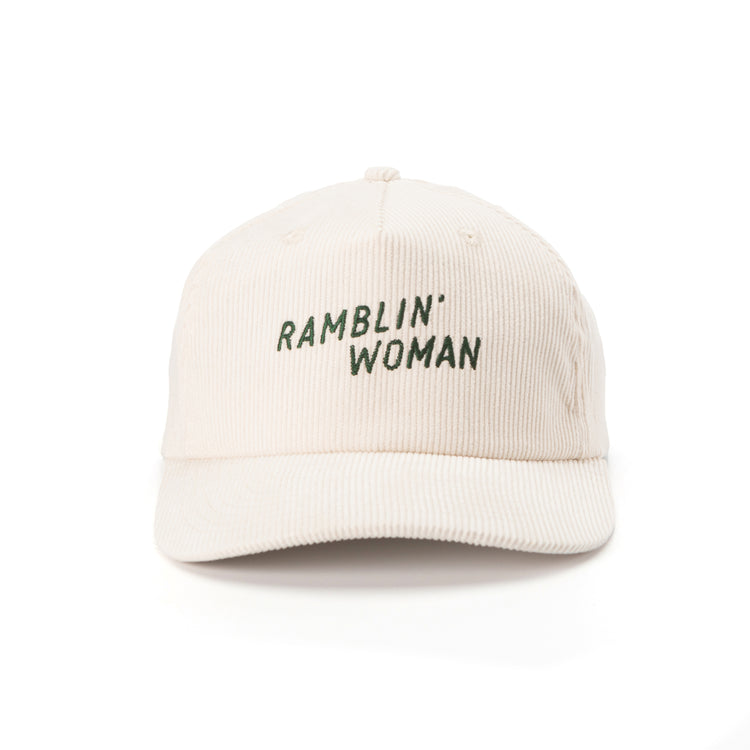 Seager Ramblin' Woman Snapback in Cream with Forest Green embroidery stating 
