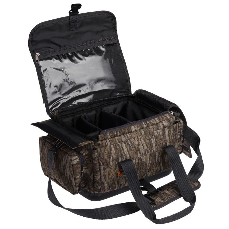 Load image into Gallery viewer, Inside view of a Browning Wicked Wing Blind Bag in bottomland camo, shown open with the pockets visible. 

