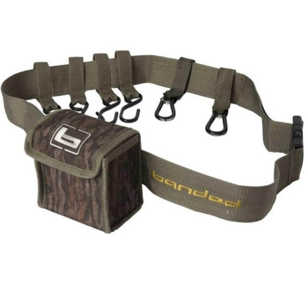 A Banded Timber Shell Belt with a camouflage ammo pouch and several attachment points, designed for easy access and organization during hunting.