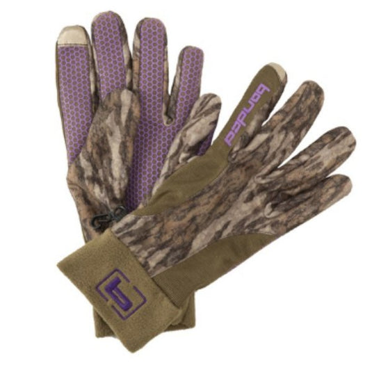 Banded Women's Fleece Hunting Gloves Gloves in the color Bottomland with purple accents.