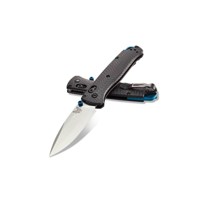 Benchmade Bugout Drop Point one over the other in both the open and closed position.