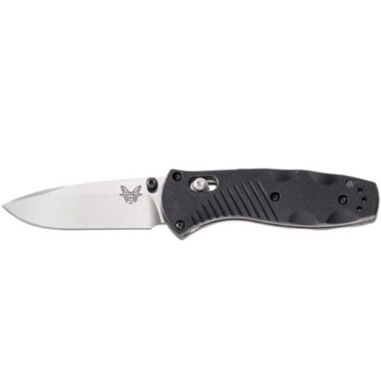 Benchmade Mini Barrage 585 Knife with a black handle and the Benchmade logo.