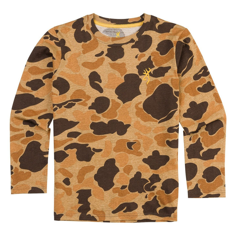 Load image into Gallery viewer, Front view of the Browning Wasatch Youth Long Sleeve Shirt in the color Vintage Tan with a yellow Browning logo.
