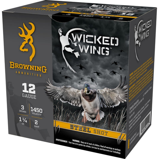 Front view of singular box of Browning Wicked Wing 12 Gauge Shells 3IN 1.25OZ