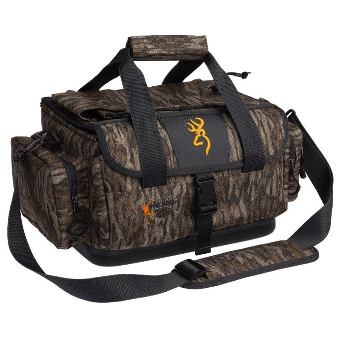 A Browning Wicked Wing Blind Bag in camouflage design with multiple pockets, sturdy straps, and the Browning logo, ideal for hunting and outdoor gear storage.