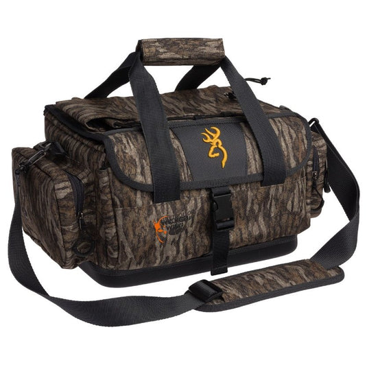 A Browning Wicked Wing Blind Bag in camouflage design with multiple pockets, sturdy straps, and the Browning logo, ideal for hunting and outdoor gear storage.