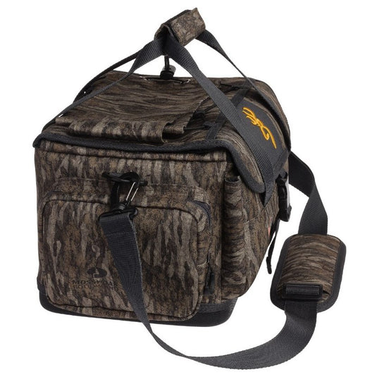 Side view of a Browning Wicked Wing Blind Bag in camouflage design with multiple pockets, sturdy straps, and the Browning logo, ideal for hunting and outdoor gear storage.