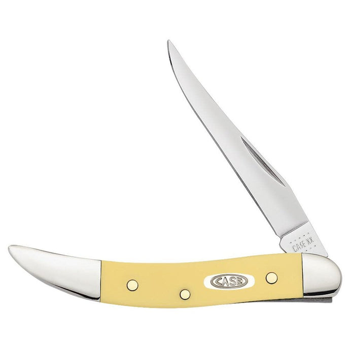 Case Yellow Synthetic Small Texas Toothpick Knife in the partially open position.