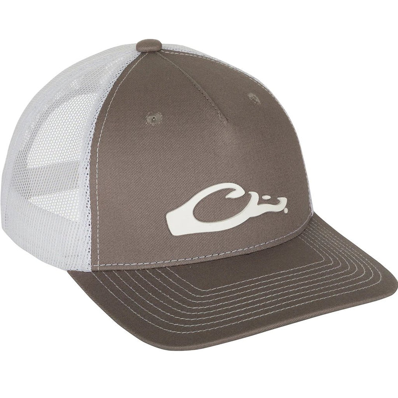 Load image into Gallery viewer, Drake 5-Panel Slick Logo Cap in the color Medium Gray featuring the Drake logo in white.
