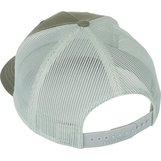 Back view of the Drake 5-Panel Slick Logo Cap featuring a white mesh back. 