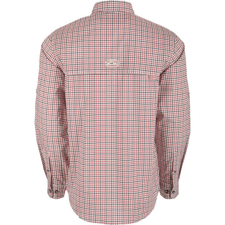 Load image into Gallery viewer, Back view of the Drake Arkansas Frat Tattersall Shirt Long Sleeve with the Drake logo in the center.
