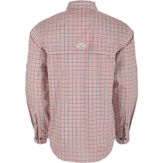 Back view of the Drake Arkansas Frat Tattersall Shirt Long Sleeve with the Drake logo in the center.