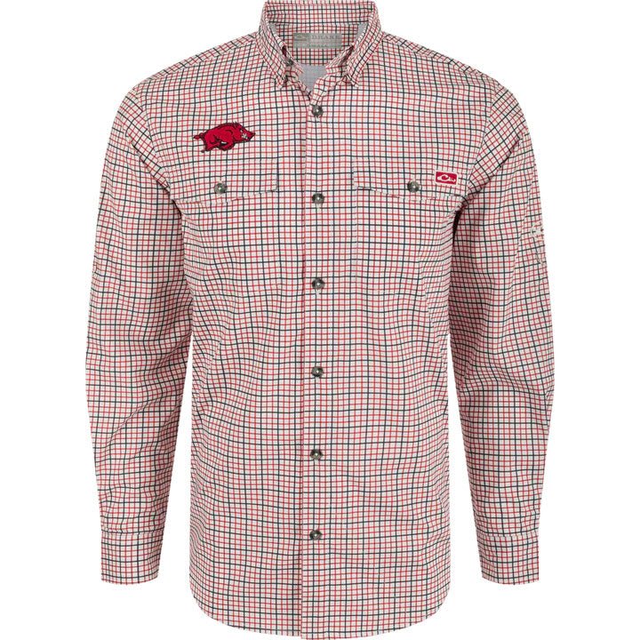 Load image into Gallery viewer, Drake Arkansas Frat Tattersall Shirt Long Sleeve featuring the Arkansas Razorbacks logo and the Drake logo. 
