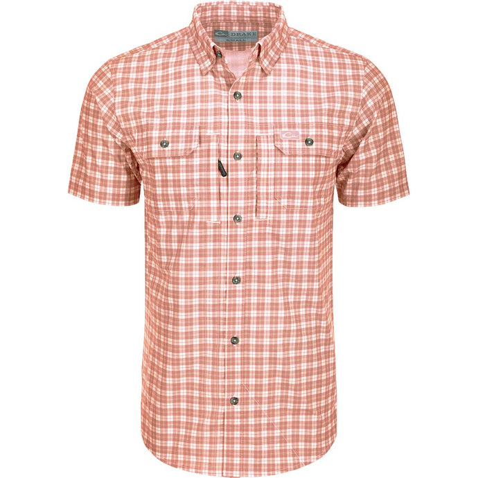 Drake Hunter Creek Check Plaid Short Sleeve Shirt in the color Peach Pearl.