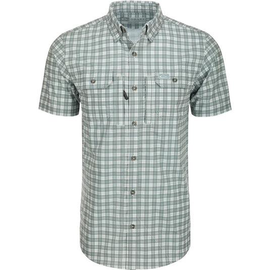 Drake Hunter Creek Check Plaid Short Sleeve Shirt in the color Monument Grey. 