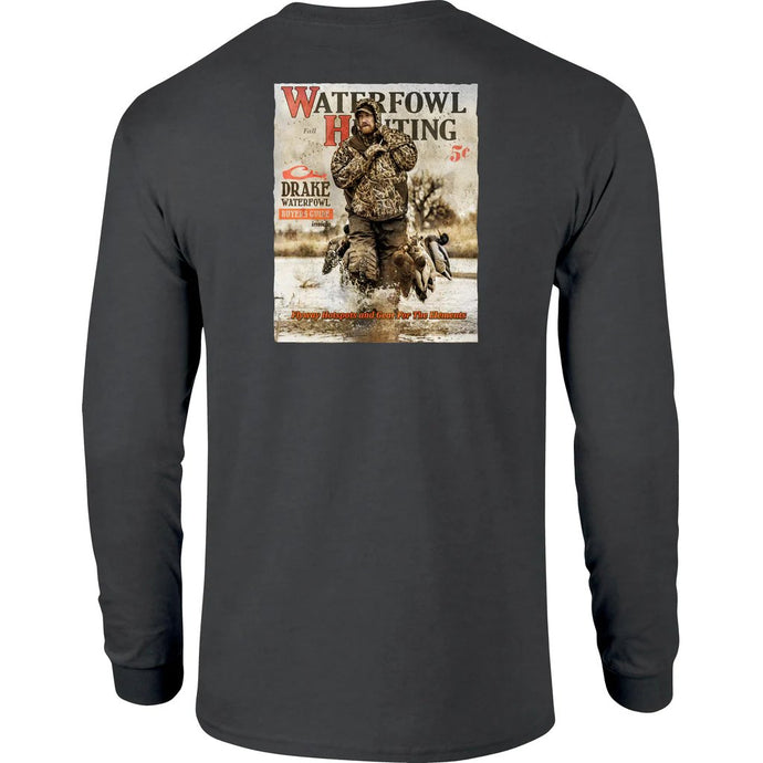 Drake Pack'n Out Long Sleeve Tee Mens T-Shirts- Fort Thompson in the color Charcoal Heather featuring a Waterfowl Hunting graphic.