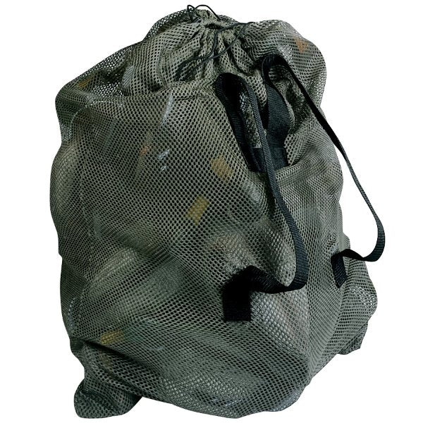 Olive mesh bag with a black drawstring closure on a white background