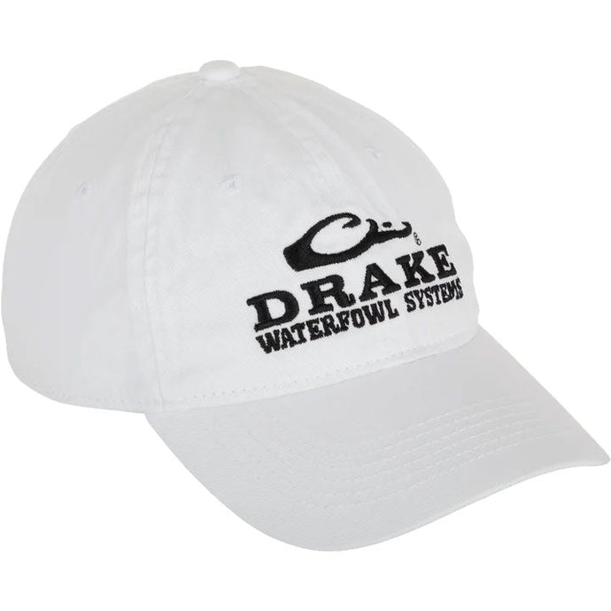 Front view of the Drake White Out Cotton Twill 6-Panel Ball Cap in the color white featuring the Drake Waterfowl logo in black. 