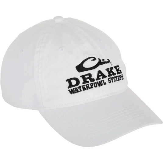 Front view of the Drake White Out Cotton Twill 6-Panel Ball Cap in the color white featuring the Drake Waterfowl logo in black. 