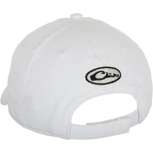Back view of the Drake White Out Cotton Twill 6-Panel Ball Cap in the color white featuring a Drake logo in black. 