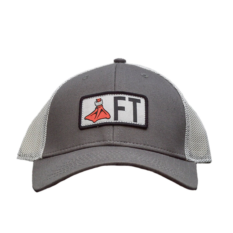Load image into Gallery viewer, Front view of the Fort Thompson Duck Foot Scout Patch FT Cap in the color Gray/White with the Fort Thompson duck foot logo and the letters FT on a white patch centered on the hat.
