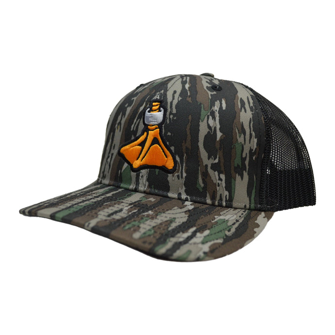 Fort Thompson Camo Logo Trucker Hat in the color RealTree/Black side view with duck foot logo on front and a mesh back.