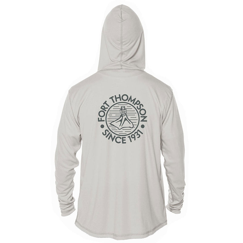 Load image into Gallery viewer, Back view of Fort Thompson Duck Foot SPF Hoodie in the color Pearl Grey.
