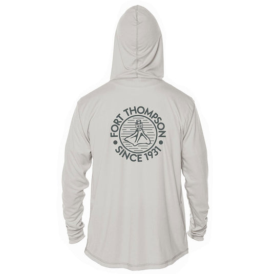 Back view of Fort Thompson Duck Foot SPF Hoodie in the color Pearl Grey.
