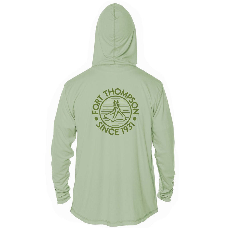 Load image into Gallery viewer, Back view of Fort Thompson Duck Foot SPF Hoodie in the color Sage.
