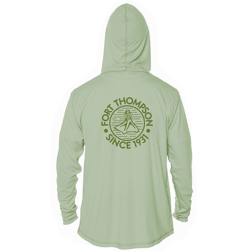 Load image into Gallery viewer, Back view of Fort Thompson Duck Foot SPF Hoodie in the color Sage.
