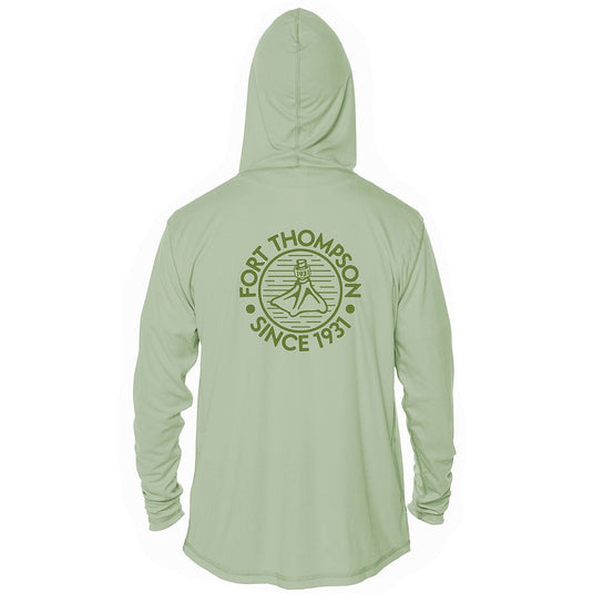 Back view of Fort Thompson Duck Foot SPF Hoodie in the color Sage.