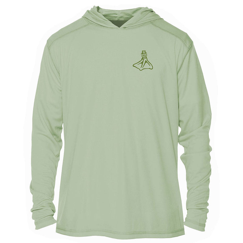 Load image into Gallery viewer, Front view of Fort Thompson Duck Foot SPF Hoodie in the color Sage.
