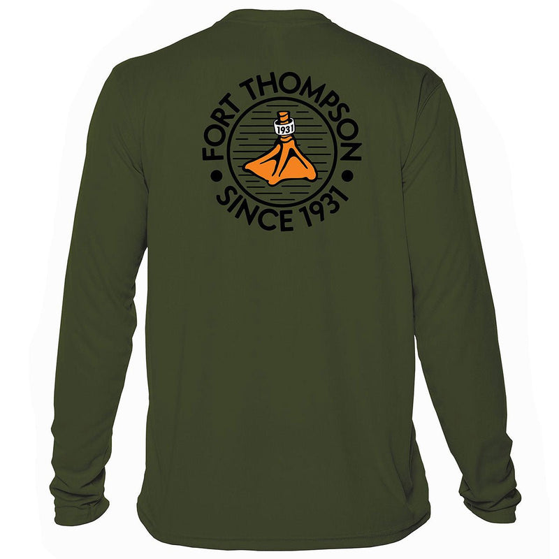 Load image into Gallery viewer, Back view of the Fort Thompson Duck Foot SPF Shirt in the color Olive Green.
