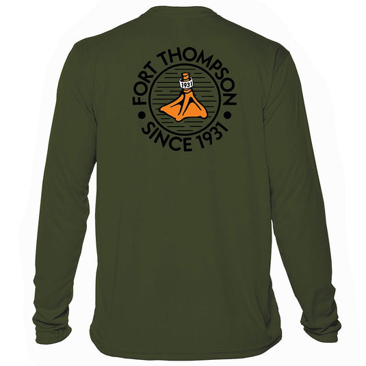 Back view of the Fort Thompson Duck Foot SPF Shirt in the color Olive Green.