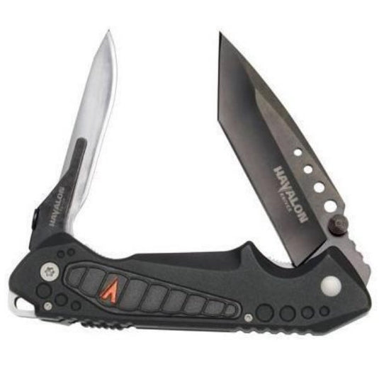 Havalon EXP Folding Knife unfolded to show both blades of the knife.