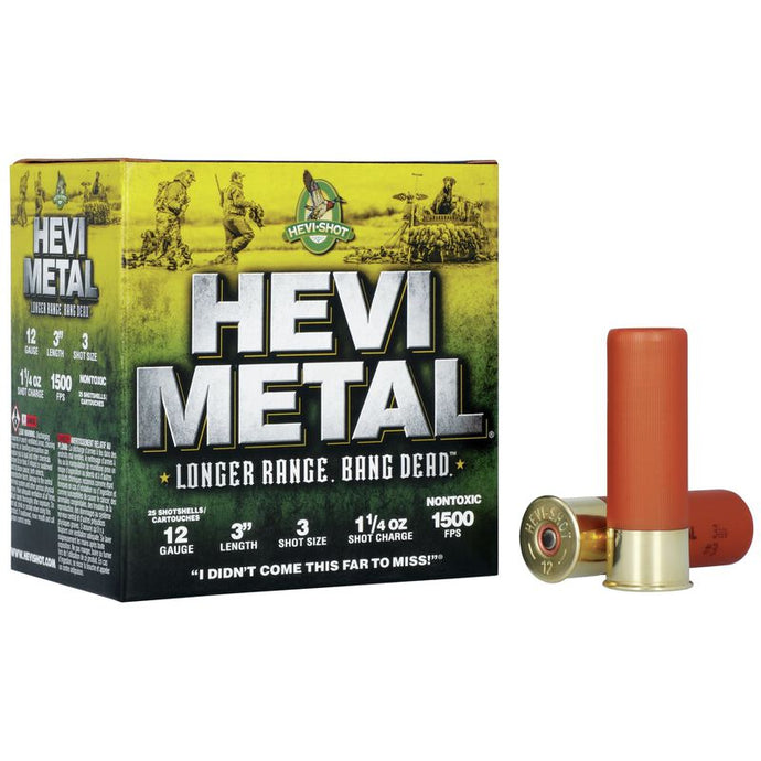 Front view of singular box of HEVI-Metal Longer Range 12GA 3IN 1 1/4OZ with two shells to the right of the box.