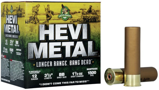 Front view of singular box of HEVI-Metal Longer Range 12 Gauge BB Shot Size.