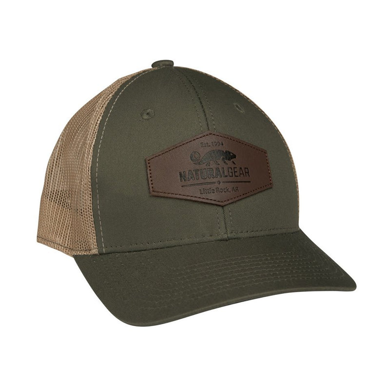 Load image into Gallery viewer, Natural Gear Leather Patch Trucker Cap in the color Olive/Tan.
