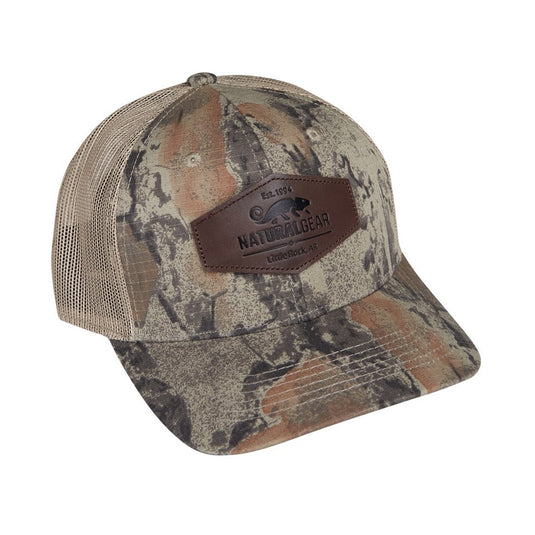 Natural Gear Leather Patch Trucker Cap in the color Nat Gear Camo/Tan.