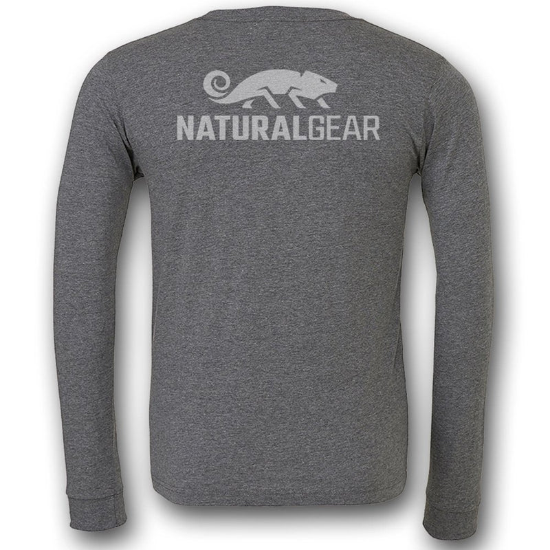 Load image into Gallery viewer, Back view of the Natural Gear Logo Long Sleeve Tee in the color Heather Charcoal featuring the Natural Gear logo. 
