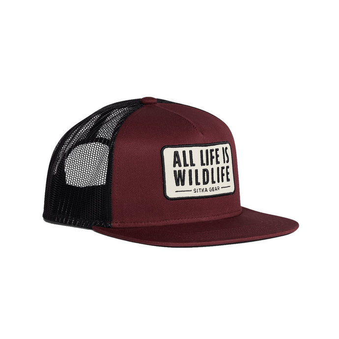Sitka All Life Hi Pro Trucker in Dark Red with a black mesh back and a patch that says 