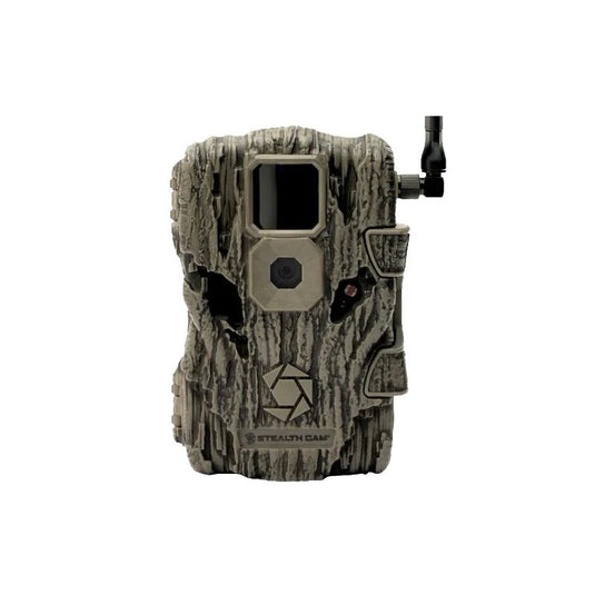 Stealth Cam Fusion X Wireless AT&T Cellular Trail Camera in a bark texture that mimics a tree with the Stealth Cam logo on the bottom center of the device.