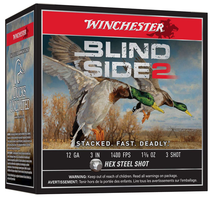 Front view of a box of Winchester Blind Side 2 12 GA 3` 1 3/8 OZ 